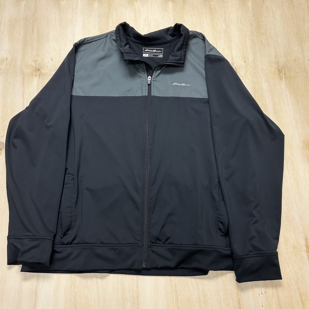Eddie Bauer Motion Track Jacket Mens 2XL Black Gray Full‎ Zip Softshell Stretch